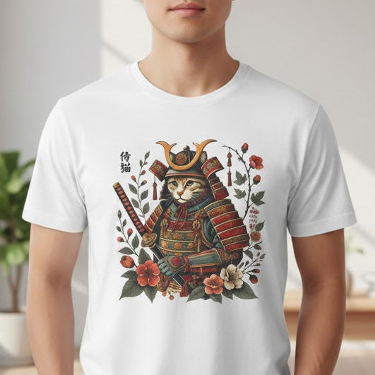 Man wearing a white t-shirt with a colorful graphic design in a bright room.