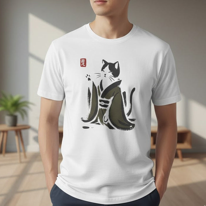 Man wearing a white t-shirt with a black and white cat design in a modern room.