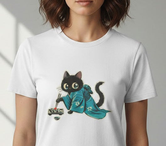Woman wearing a white t-shirt with a graphic of a cat holding a blue scarf.