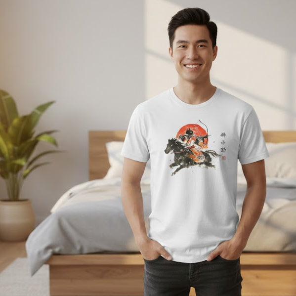Man wearing a white t-shirt with a kyudo horse lover samurai archery graphic design in a bedroom