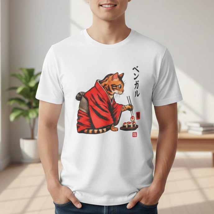 Man wearing a white t-shirt with a bengal cat eating sushi.