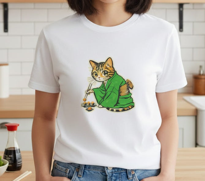 Person wearing a white t-shirt with a bengal cat eating sushi.