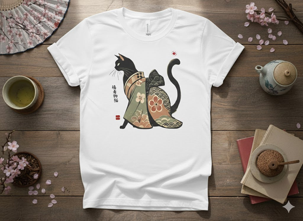 White t-shirt with cat in kimono cat design, on a wooden table with tea cups and cherry blossoms.