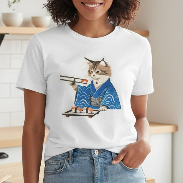 Person wearing a white t-shirt with a cat graphic in a kitchen