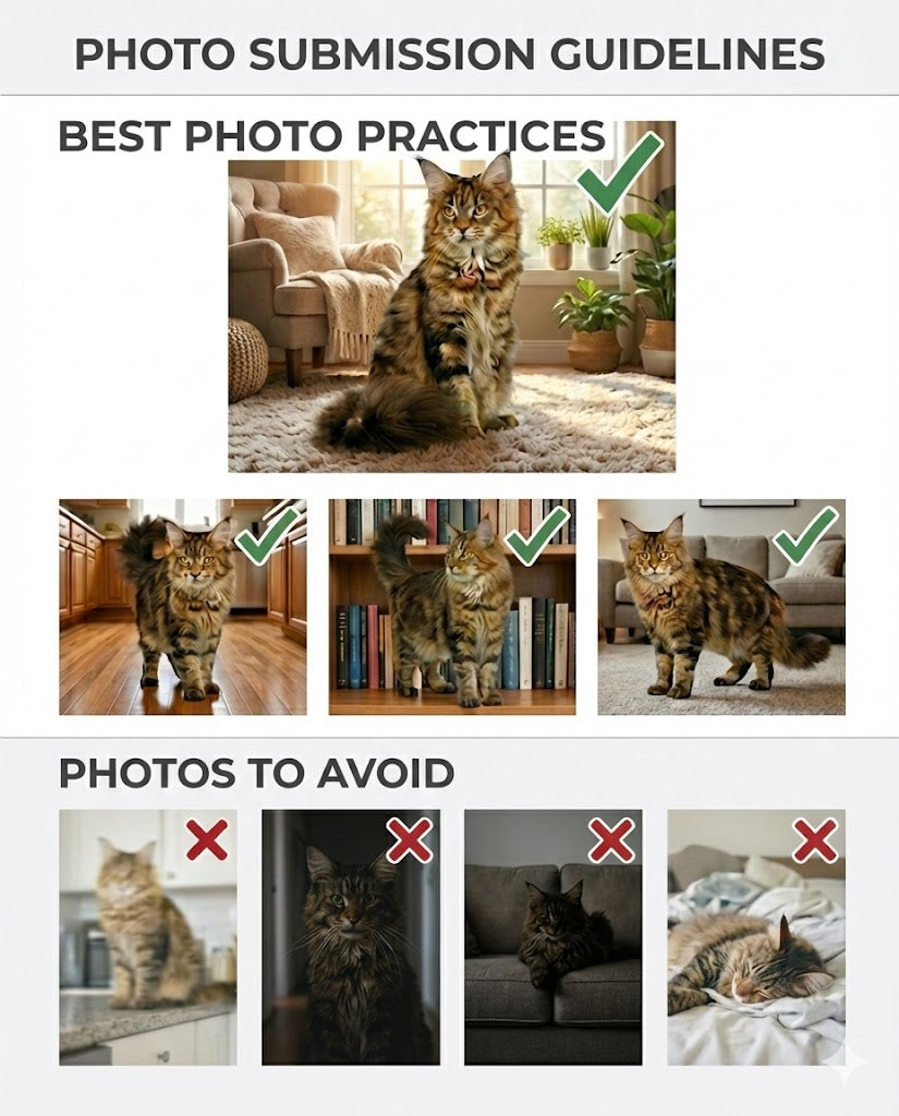 Cat sitting on a rug with correct and incorrect photo practices displayed.