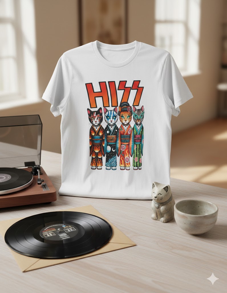 White t-shirt with colorful cat design and 'HISS' text on a wooden table with vinyl record and decor items.