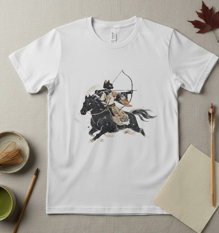 White t-shirt with a graphic of a warrior on horseback, placed on a textured surface with tea-making items.