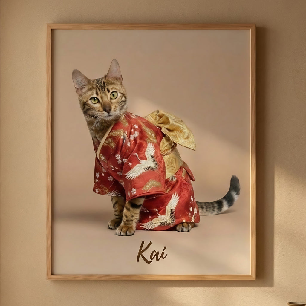 Framed picture of a cat named Kai wearing a red outfit on a beige wall.