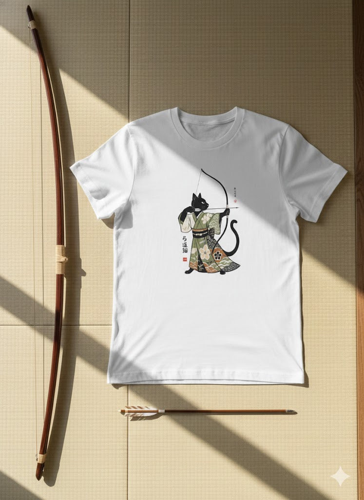Kyudo Cat Archer T-Shirt - Unique Design for Cat Lovers and Archery Enthusiasts