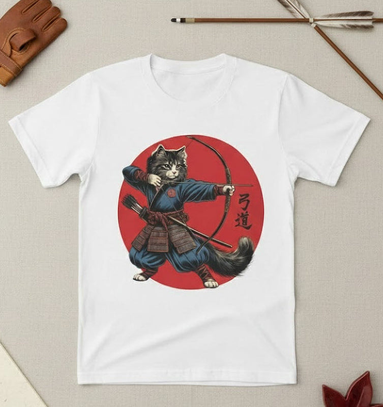White t-shirt with a cat samurai design on a beige surface with accessories.