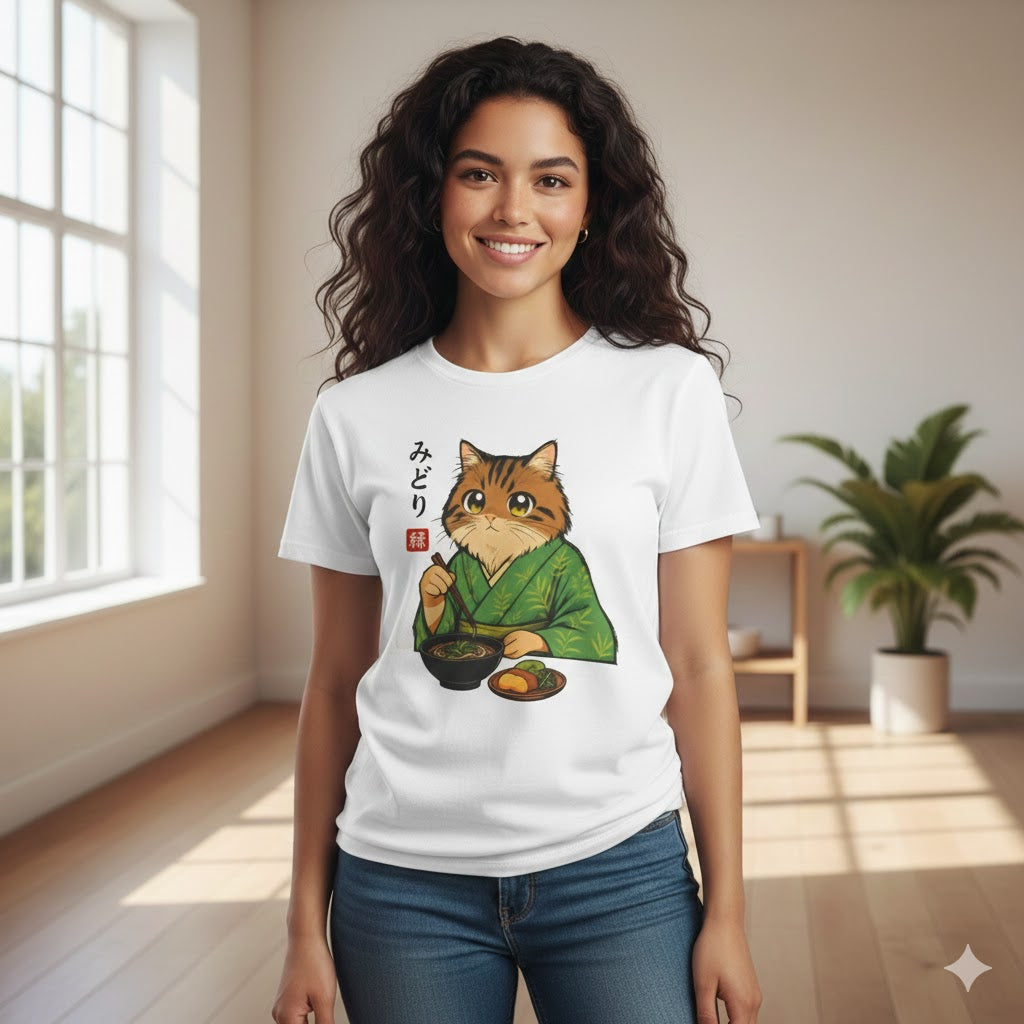 Woman wearing a white t-shirt with a kimono cat eating ramen