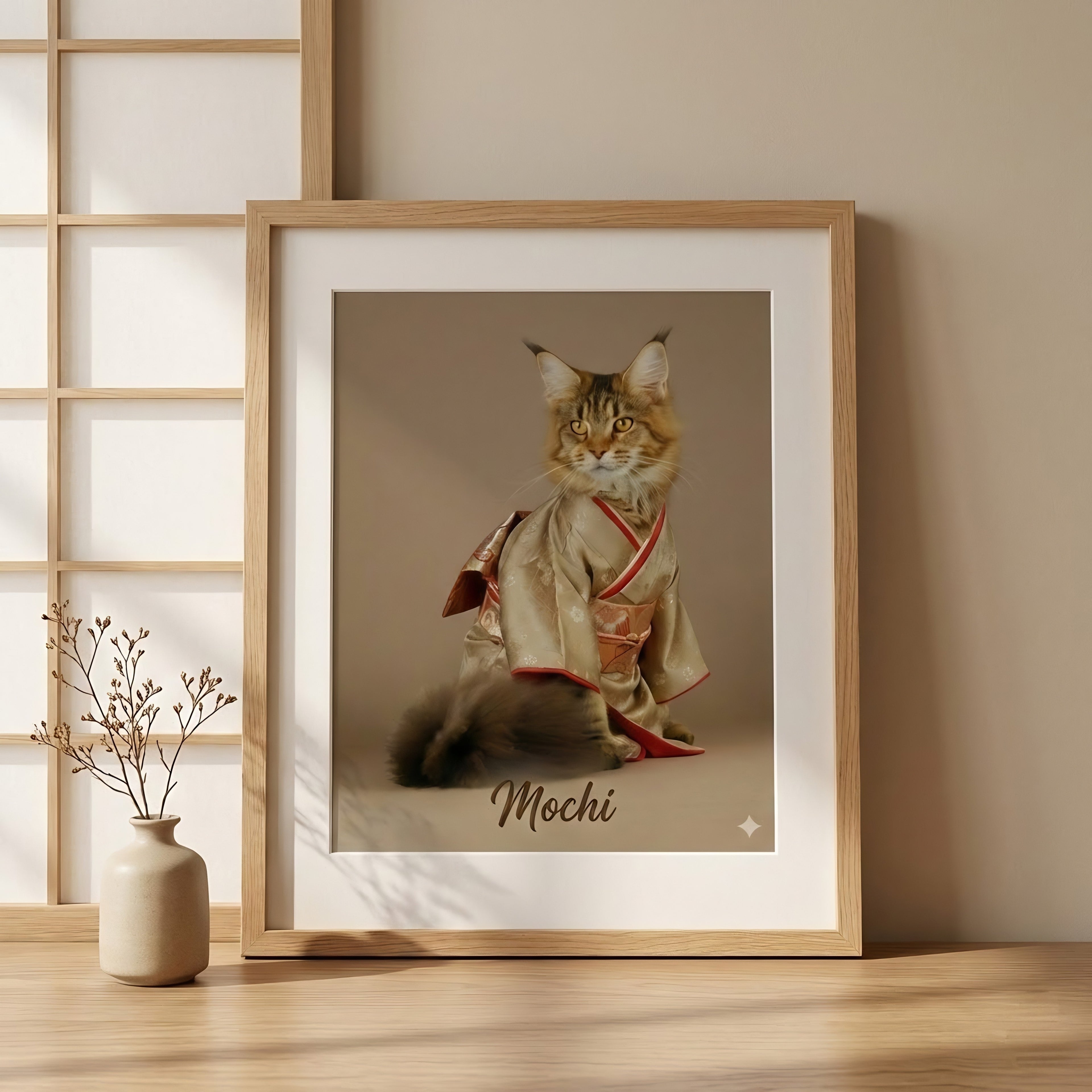 Framed picture of a cat named 'Mochi' wearing a kimono on a wooden floor with a vase and decorative items.