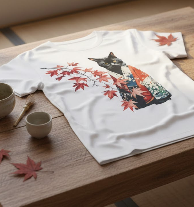 White t-shirt with a cat and maple leaf design on a wooden table with ceramic cups and leaves.