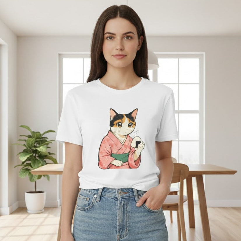 Woman wearing a white t-shirt with a kimono cat eating onigiri.