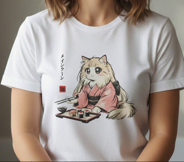Woman wearing a white t-shirt with a cat graphic and text