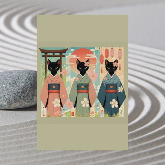 Drei schwarze Katzen in Kimonos – Japanische Wandkunst im Rollbild-Stil 🐾🎎