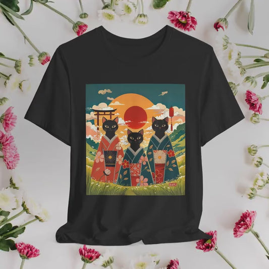 Kawaii Black Kitty Cats in Kimonos T-Shirt