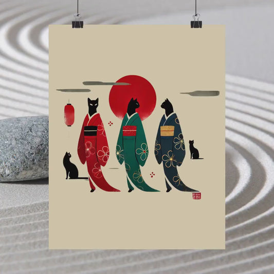Schwarze Katzen in Kimonos Wandkunst – Roter Sonnendruck 🐾