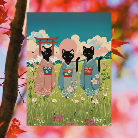 Drei schwarze Katzen in Kimonos – Wandkunst 🐾🌸