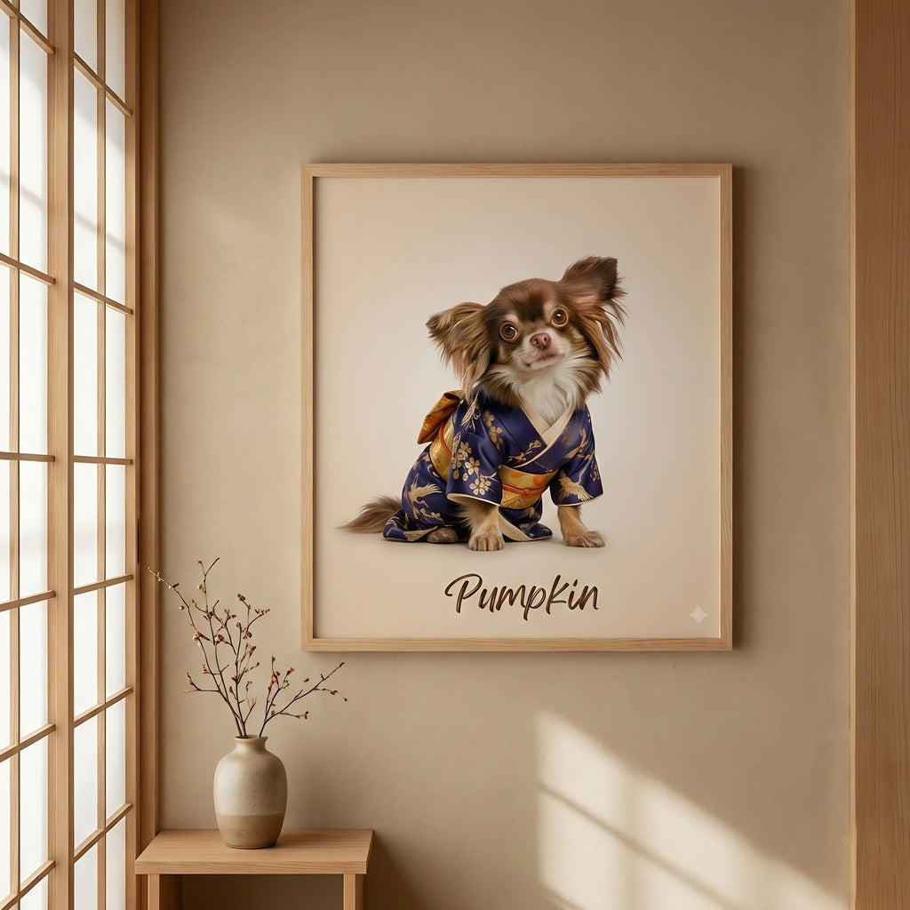 Individuelles Kimono-Haustierportrait – Personalisiertes Haustierkunstwerk im japanischen Stil