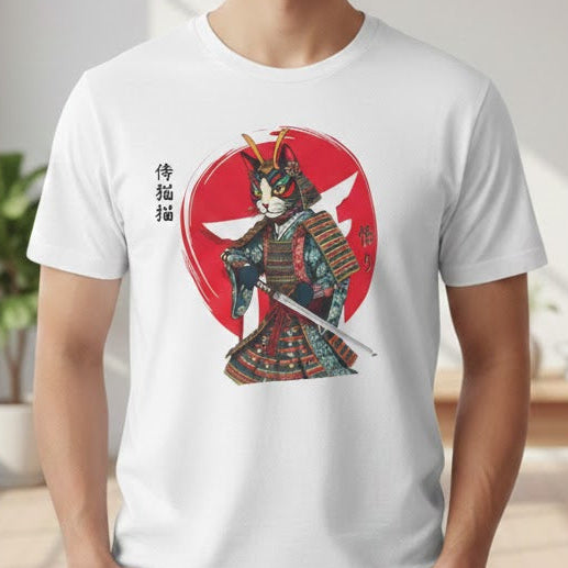 Man wearing a white t-shirt with a graphic design of a warrior in a red circle.