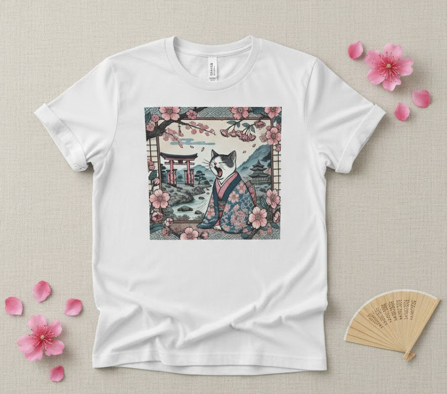 White t-shirt with a dog in a kimono design on a beige background with pink flowers.