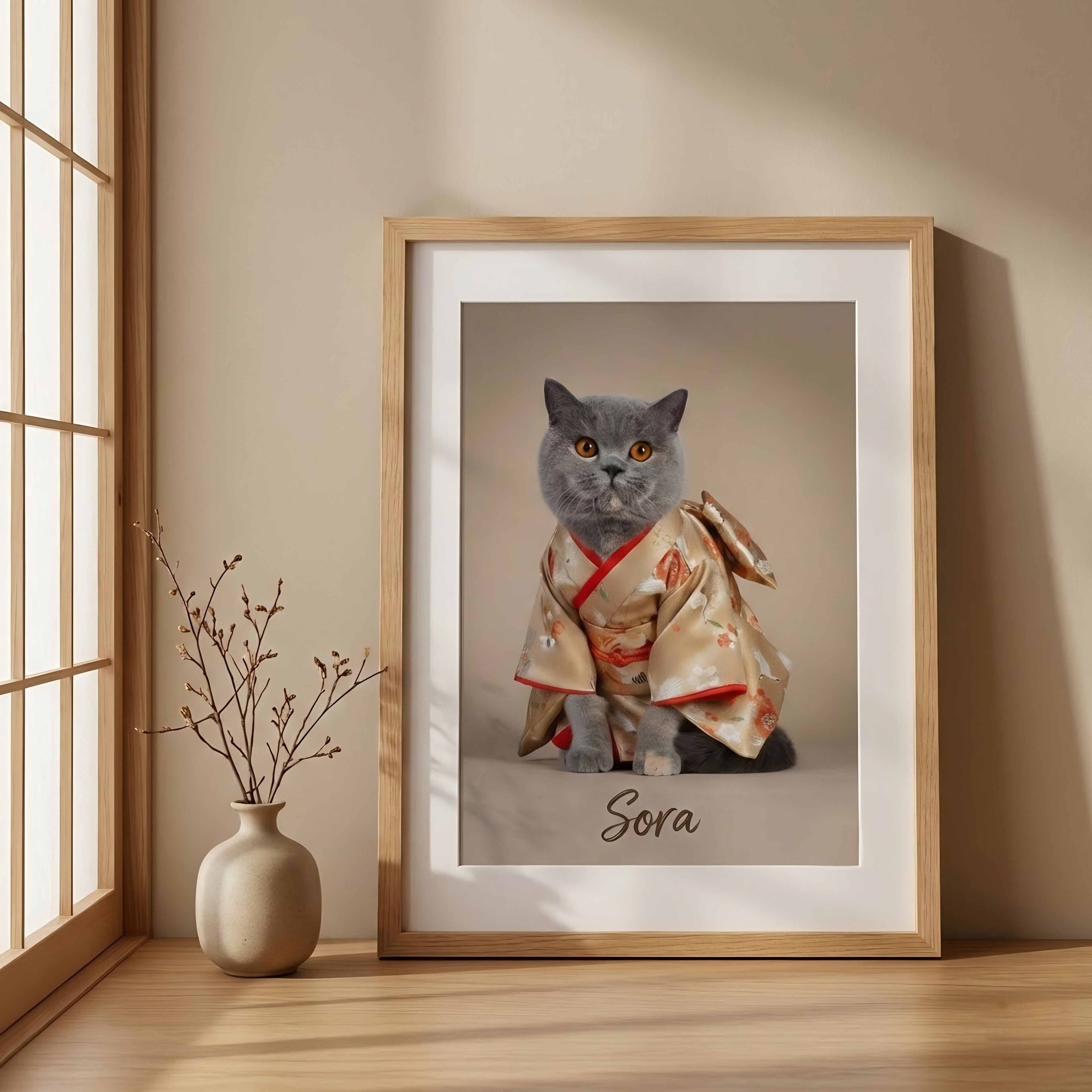 Framed picture of a cat in a kimono with 'Sora' written below, on a beige wall.