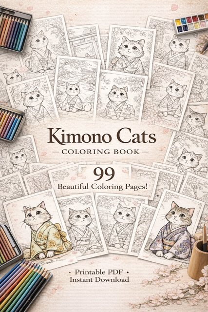 Kimono Cats Coloring Book – 99 Kawaii Japanese Pages (Digital Download)