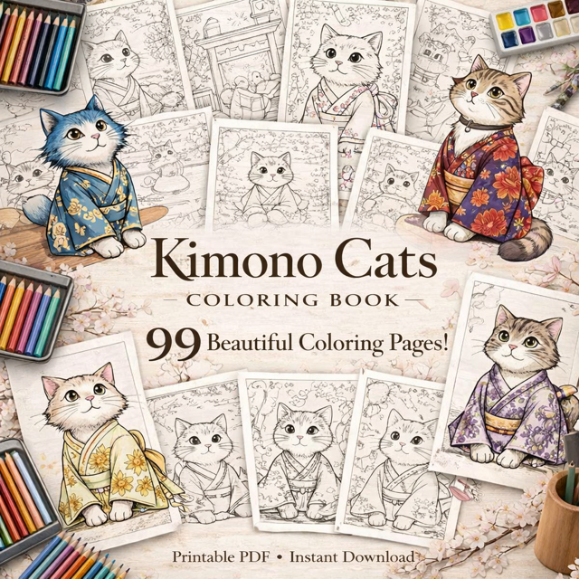 Kimono Cats Coloring Book – 99 Kawaii Japanese Pages (Digital Download)