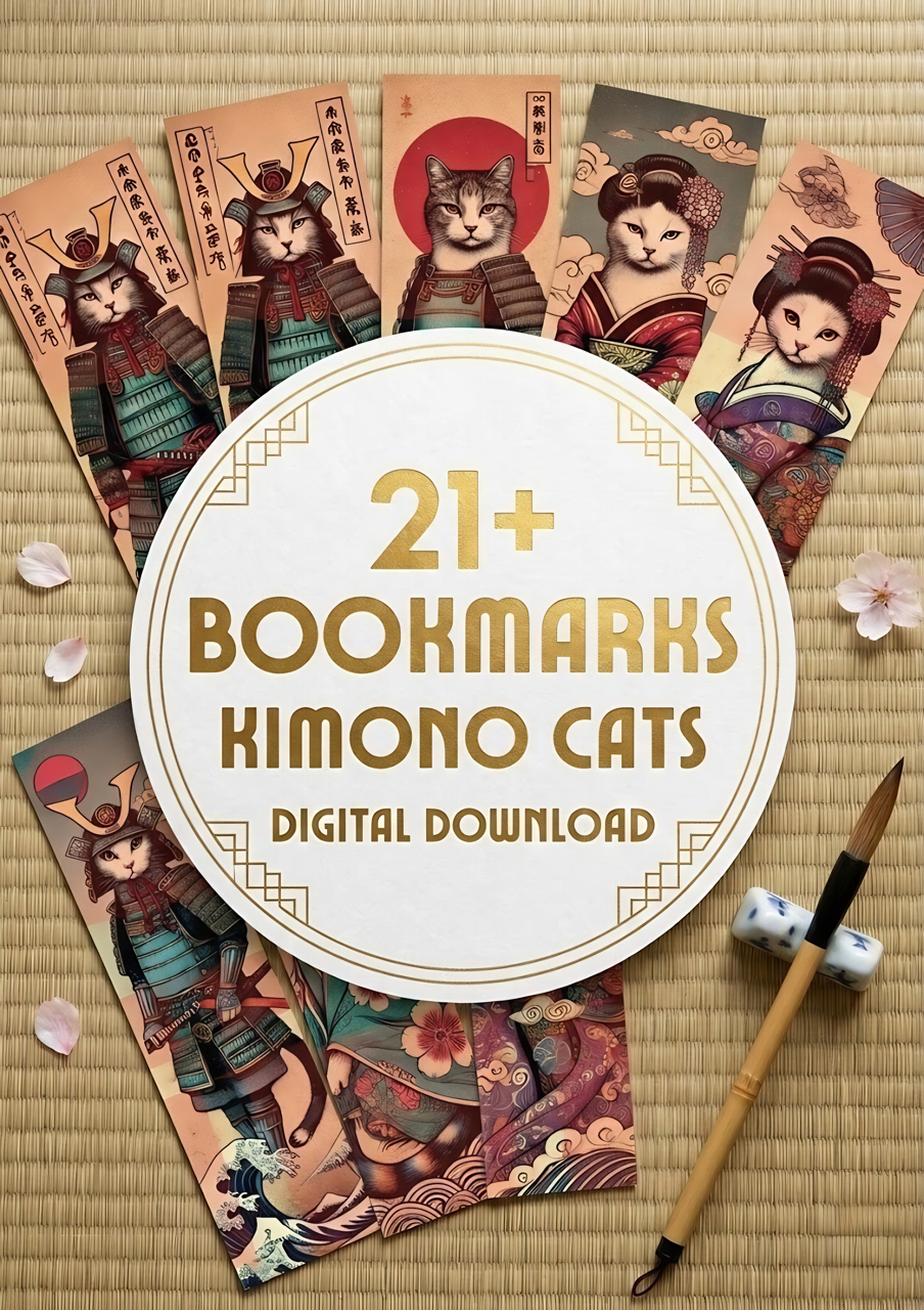 21 Kimono Cats Bookmarks: Japanese Ukiyoe Art (Printable)