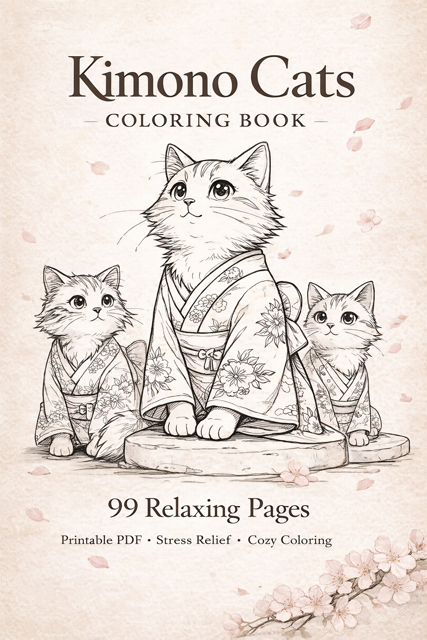 Kimono Cats Coloring Book – 99 Kawaii Japanese Pages (Digital Download)