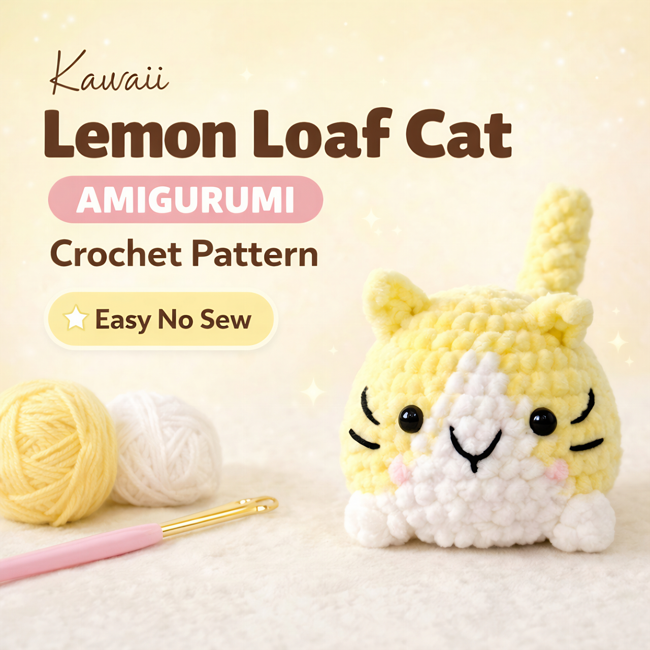 Lemon Loaf Cat Crochet Pattern, Easy No Sew Amigurumi PDF (Digital Download)