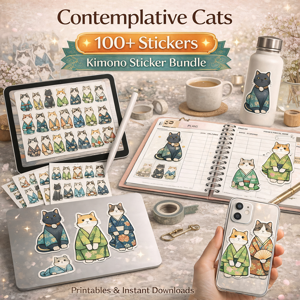 100+ Bundle - Contemplation Cats in Kimonos, Digital Sticker Pack